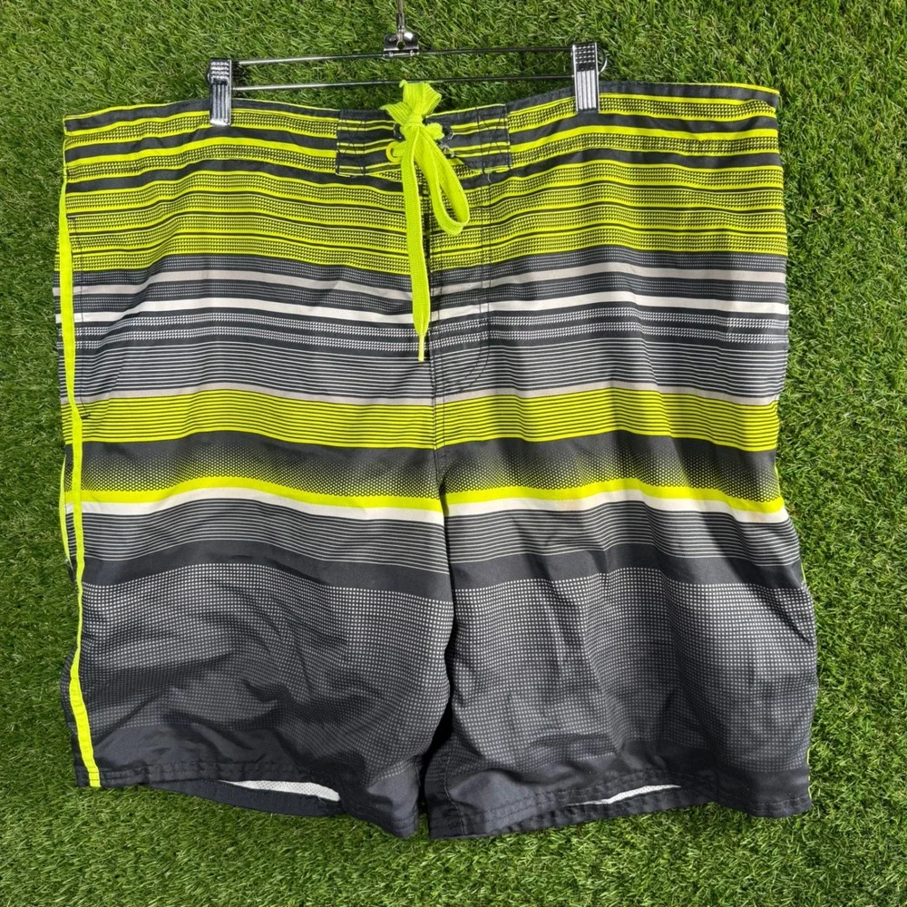OP XL‎ Mens Swim Trunks Gray Yellow Striped Swimsuit Drawstring